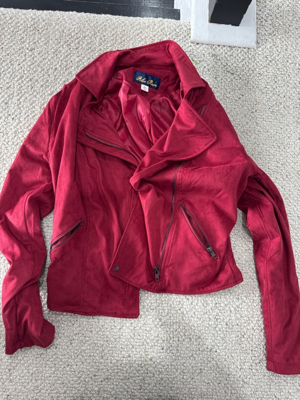 Blue Rain Red Suede-Style Moto Jacket